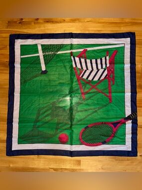 Vintage Tennis Scarf Green Navy Pink Racket Court Chair Preppy Square Novelty